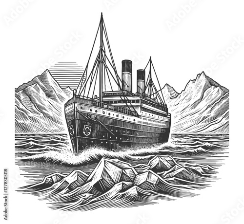 Vintage Ocean Liner Sailing Near Icebergs vector
