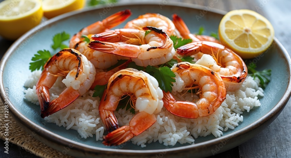 Grilled Shrimp with Lemon Garnish Served on Fragrant Rice and Fresh Cilantro in a Rustic Dish Grilled Shrimp with Lemon Garnish Served on Fragrant Rice and Fresh Cilantro in a Rustic Dish