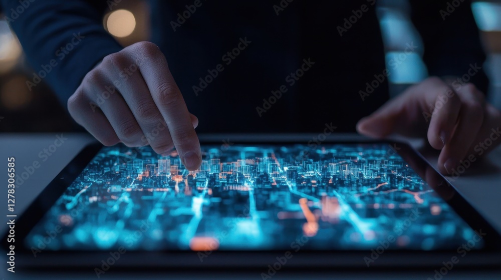 A person interacts with a digital map on a tablet, showcasing vibrant data visualizations and a focus on technology. A person interacts with a digital map on a tablet, showcasing vibrant data visualizations and a focus on technology.