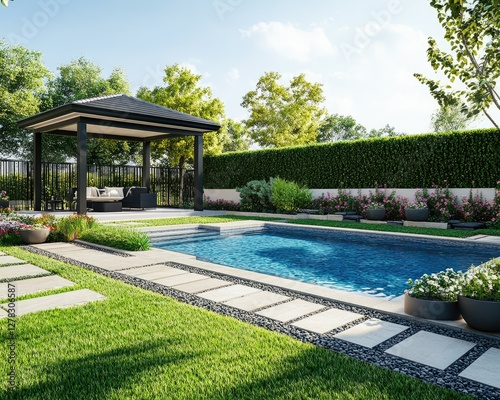 Modern Backyard Oasis with Pool and Gazebo