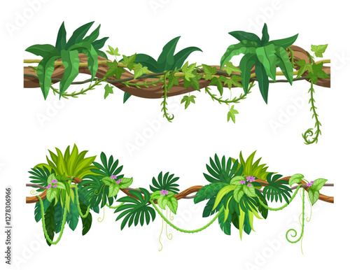 Tropical jungle rain forest liana branch with green leaves, vines and flowers. vector dense rainforest plant with hanging intertwining roots. Tree, thicket, climbing foliage or spinney species