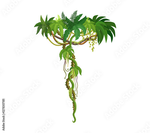 Tropical jungle rain forest vertical liana vine branch and leaves. vector hanging tree leaves, exotic plant thicket, rainforest climbing roots. Amazon or african nature, green foliage spinney