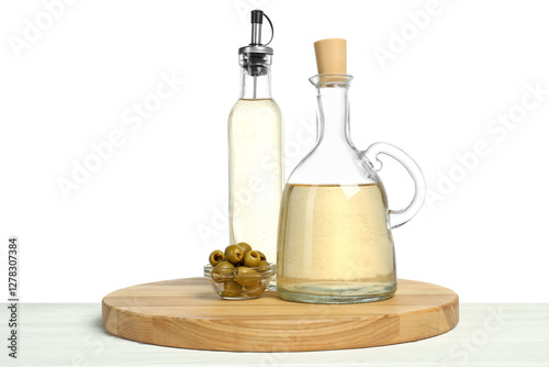 Wallpaper Mural Vinegars in bottles and olives on wooden table against white background Torontodigital.ca