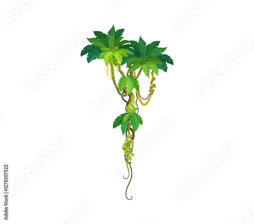 Tropical jungle rain forest vertical liana vine branch and leaves. vector Amazon or African natural thicket, green foliage spinney, hanging tree leaves, exotic rainforest plant, climbing roots