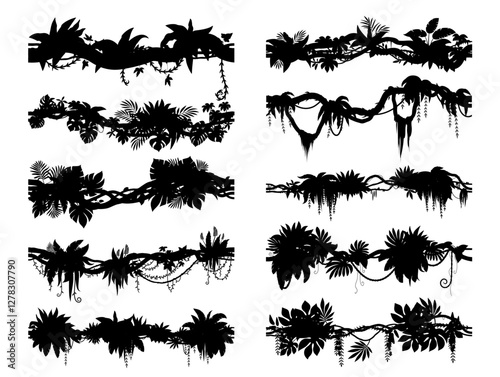 Tropical jungle forest liana branch silhouettes vector set. Black silhouetted vines, tree, plant thicket, rainforest climbing and hanging roots, leaves, foliage spinney shadow. Amazon or African flora