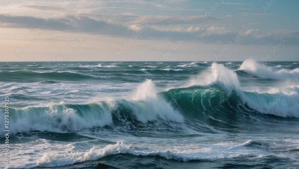 Fototapeta premium Dynamic Ocean Waves Under Morning Sky With Tranquil Atmosphere And Space For Overlay Text