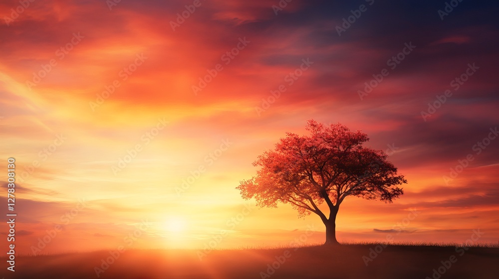 Obraz premium Solitary tree silhouetted against vibrant sunset sky on peaceful hilltop