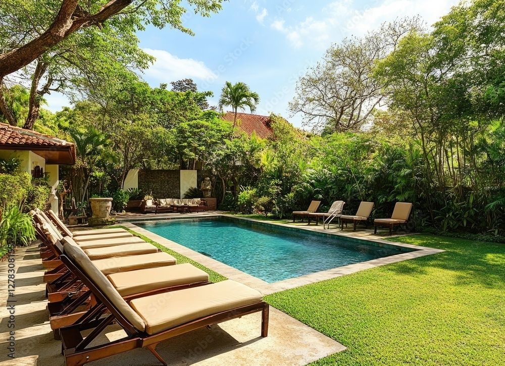 Fototapeta premium Tranquil Poolside Oasis with Lush Tropical Landscaping