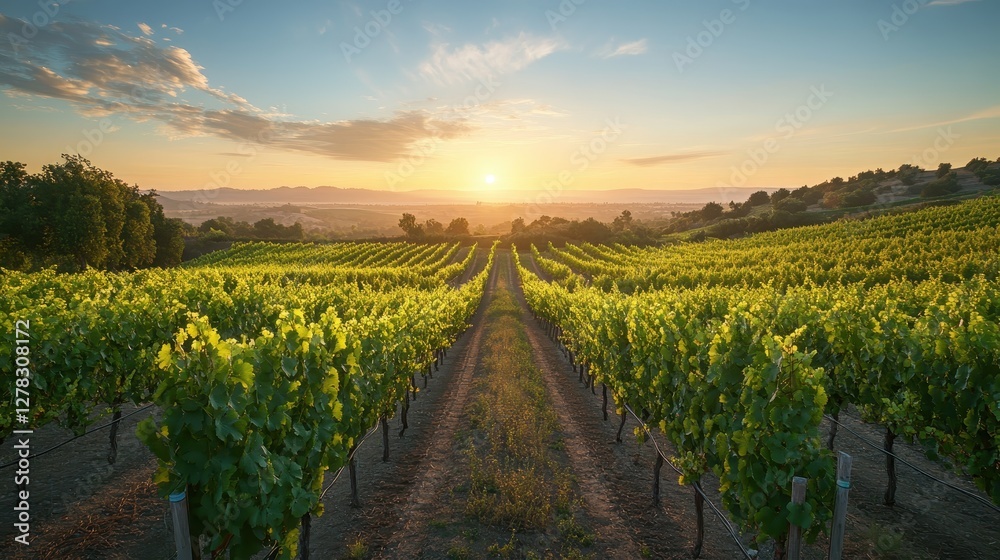 Obraz premium A serene sunset over lush green vineyards, casting golden hues and creating a peaceful ambiance in the countryside.