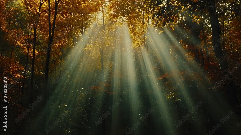 Obraz premium Sunbeams penetrating autumn forest with golden foliage
