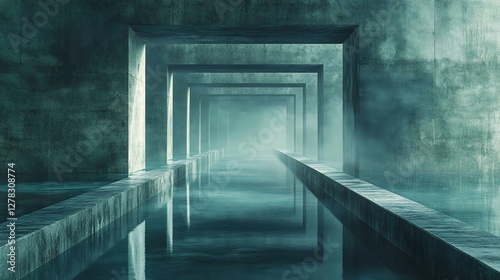 A mesmerizing view of an ethereal passageway with water, fog, and geometric concrete structures creating a surreal atmosphere.