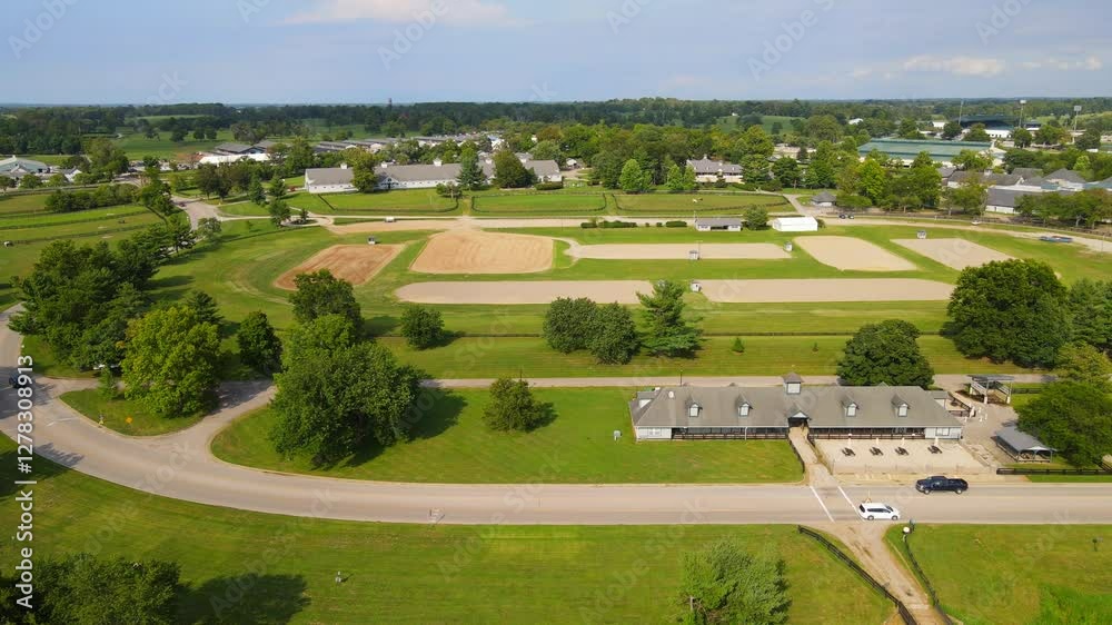Large Dressage arena in Kentucky Horse Park in Lexington, Kentucky, USA in aerial view Large Dressage arena in Kentucky Horse Park in Lexington, Kentucky, USA in aerial view