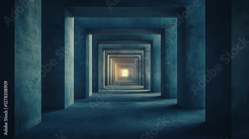 A mesmerizing corridor of concrete pillars receding into a bright light, creating a sense of depth and perspective.