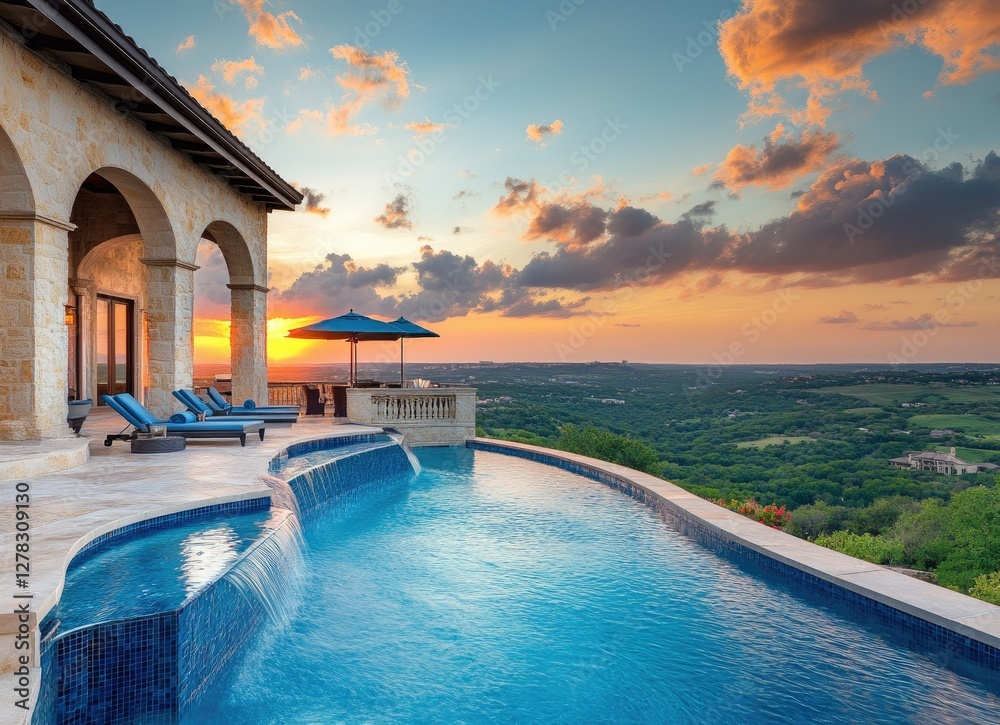 Fototapeta premium Sunset View Infinity Pool at Luxurious Hilltop Home