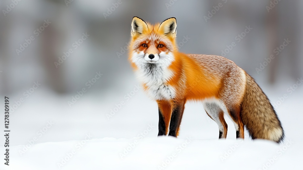 Fototapeta premium Majestic red fox standing in snowy winter landscape with bushy tail