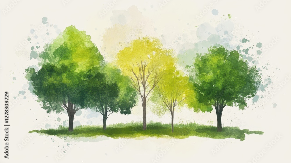 Fototapeta premium A serene watercolor illustration of vibrant green trees with varying shades, symbolizing nature's beauty and seasonal change.