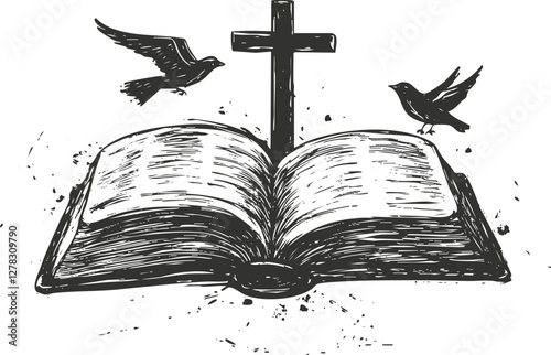Illustration of an open book with a cross and two birds.