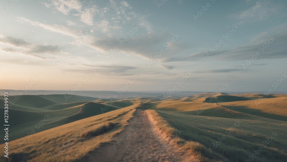 Serene Landscape with Rolling Hills at Sunset Featuring Open Space for Text Overlay Serene Landscape with Rolling Hills at Sunset Featuring Open Space for Text Overlay