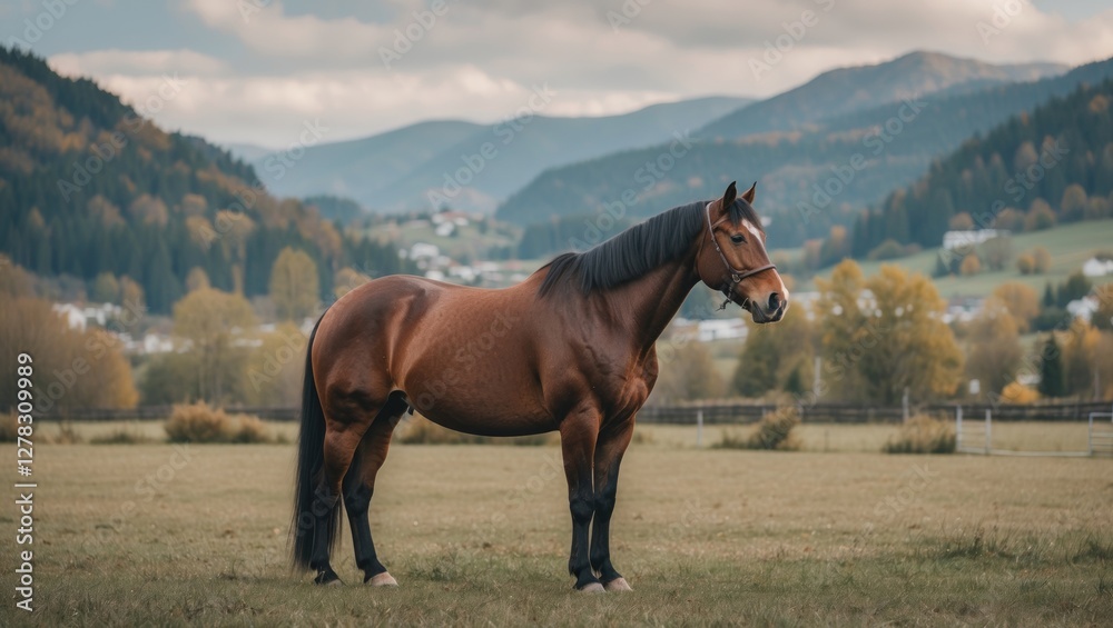 Fototapeta premium Majestic Horse Standing in Serene Landscape with Mountains and Open Pasture Under Dramatic Sky and Ample Space for Text Overlay
