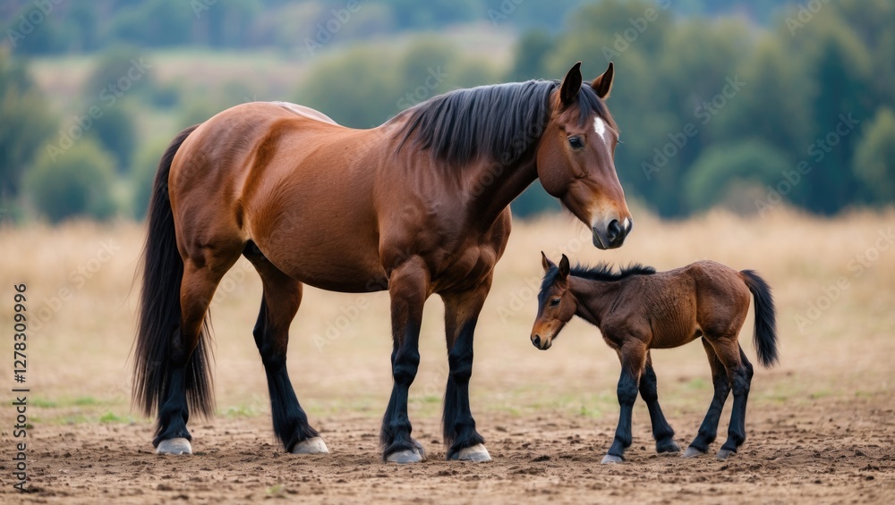 Pottoka Horse Mare with Foal in Natural Pasture Setting Capturing the Bond of Mother and Young in Serene Landscape Pottoka Horse Mare with Foal in Natural Pasture Setting Capturing the Bond of Mother and Young in Serene Landscape