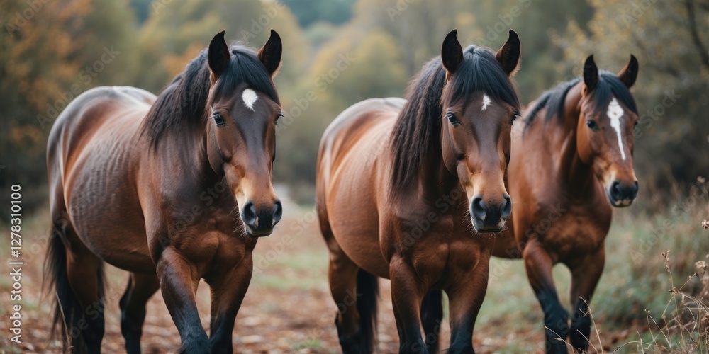 Naklejka premium Horses Walking Through Lush Nature Landscape With Space For Text Overlay In A Serene Outdoor Setting