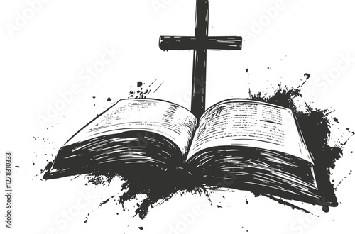 Illustration of an open Bible with a cross and ink splatters.