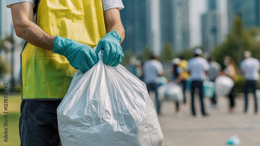 Obraz premium Volunteers clean up a park, collecting trash in bags as part of a community service effort to promote environmental awareness.