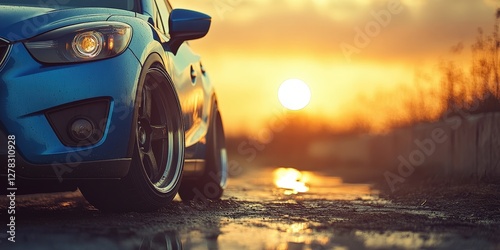 Sparkling water droplets glisten on a sleek blue car with black rims, elegantly angled to the left, capturing the vibrant morning light