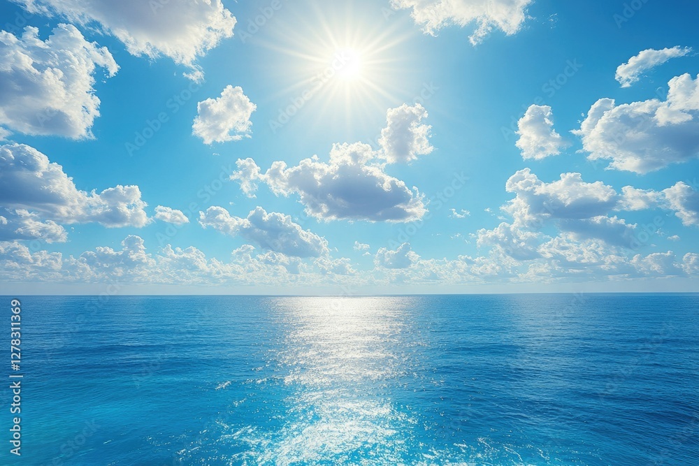 Obraz premium Bright Sun Shining Over Calm Ocean and Clouds
