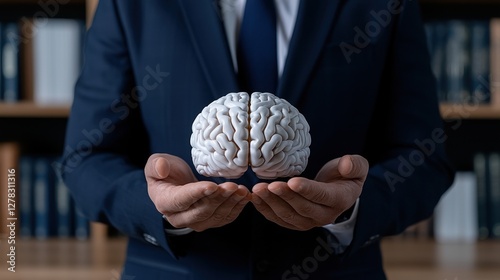 Man in Navy Suit Holding 3D Brain Model with Bookcase Background