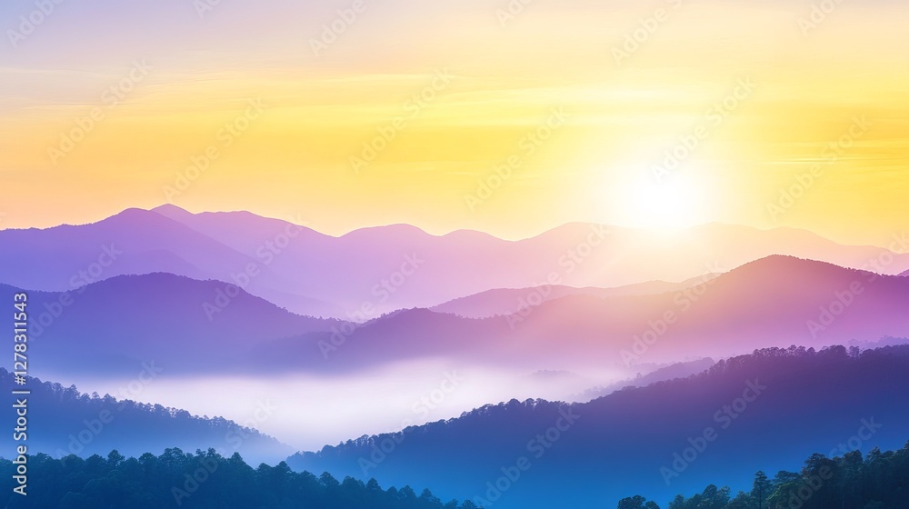 Obraz premium Serene sunrise over misty mountains with vibrant colors