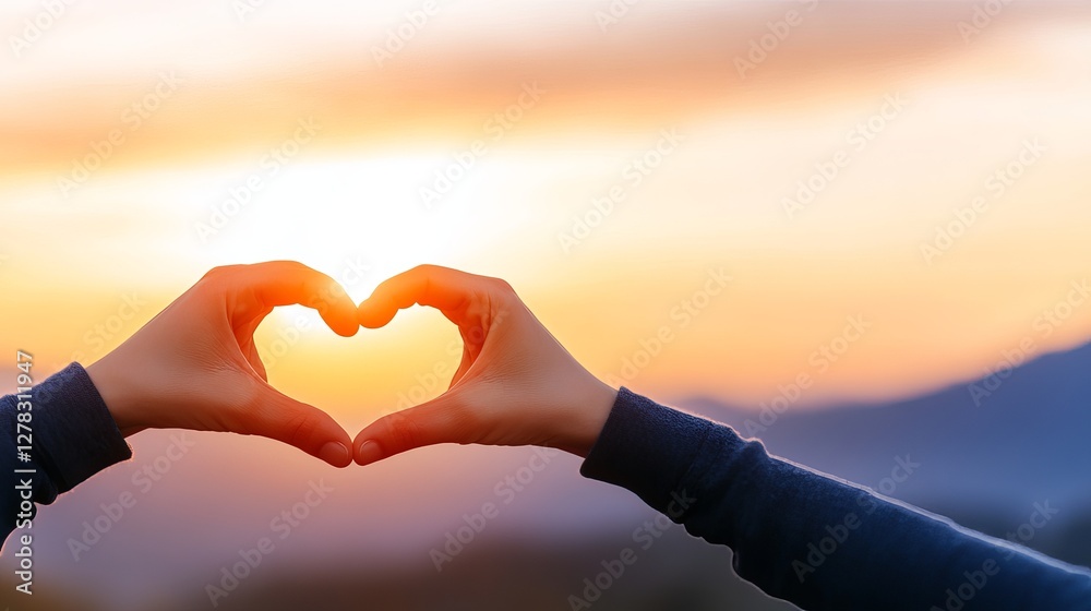 Hands forming heart shape at sunset with warm glowing sky in background Hands forming heart shape at sunset with warm glowing sky in background