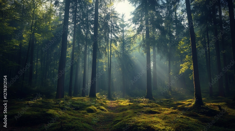 Obraz premium Sunbeams pierce misty forest, illuminating mossy path.