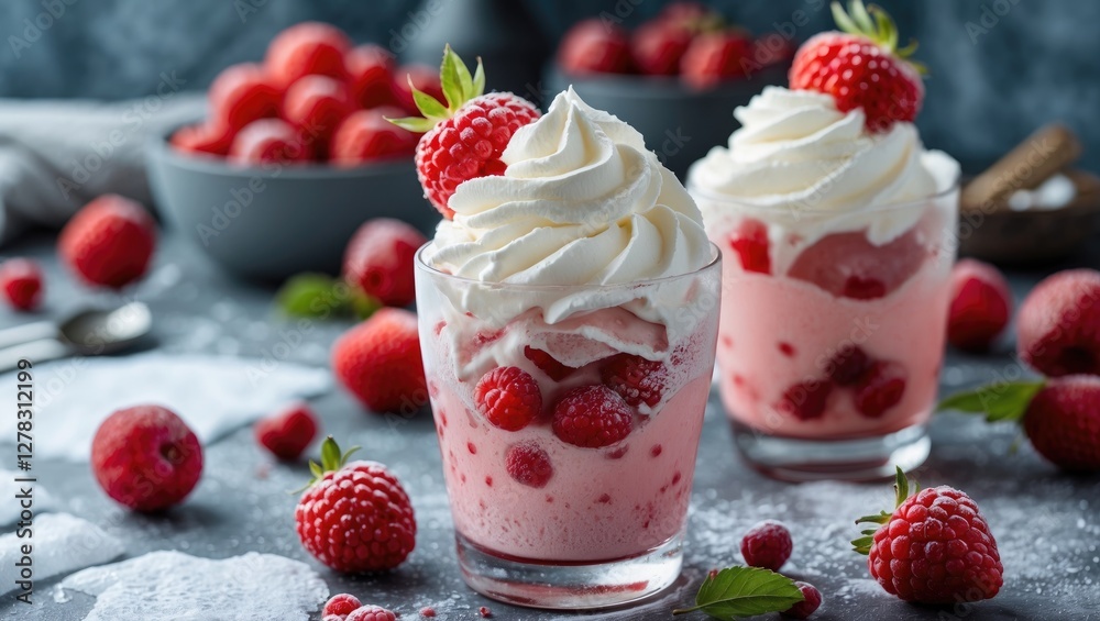 Delicious Ice Cream Desserts Topped with Whipped Cream and Fresh Red Berries in an Elegant Setting