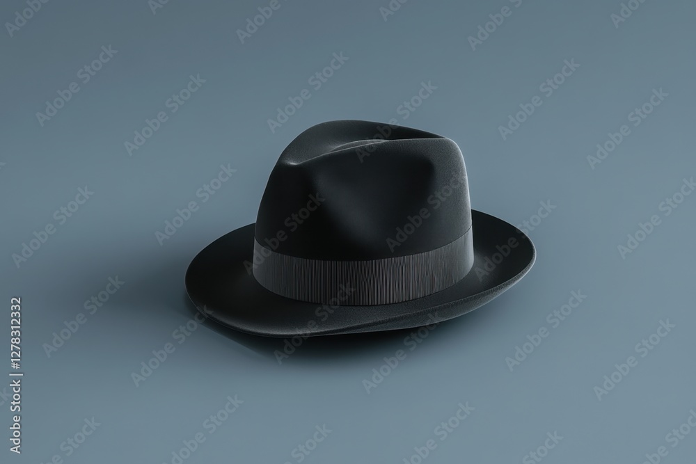 Classic fedora hat rests against a solid blue background Classic fedora hat rests against a solid blue background