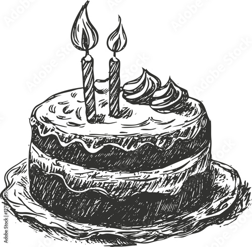 Vintage sketch of a birthday cake with two candles on top.