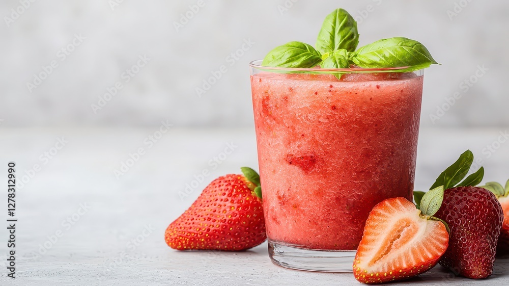 A refreshing strawberry smoothie garnished with fresh mint leaves, served in a clear glass alongside ripe strawberries on a light surface. A refreshing strawberry smoothie garnished with fresh mint leaves, served in a clear glass alongside ripe strawberries on a light surface.