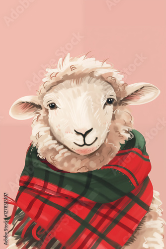 Portrait of a funny sheep wearing scarf looking at the camera. Good for frame art, postcards. Ai generated