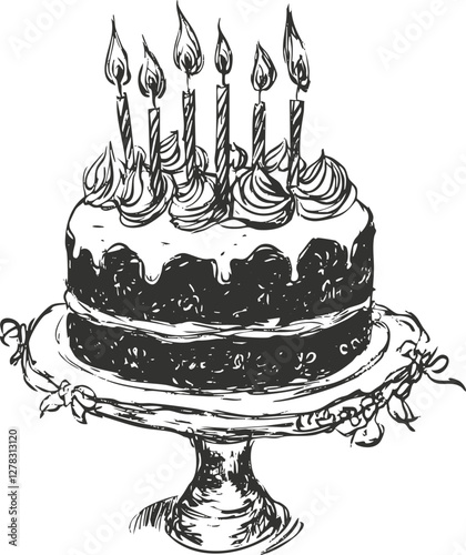 Hand-drawn sketch of a birthday cake with candles on a stand.