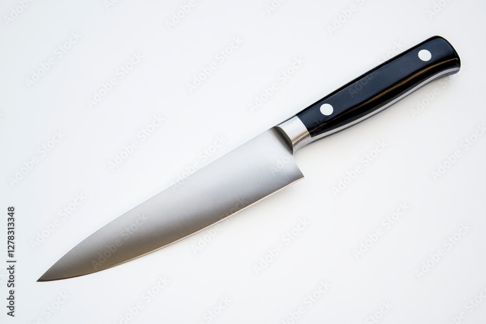 Kitchen knife with black handle resting on a white surface Kitchen knife with black handle resting on a white surface