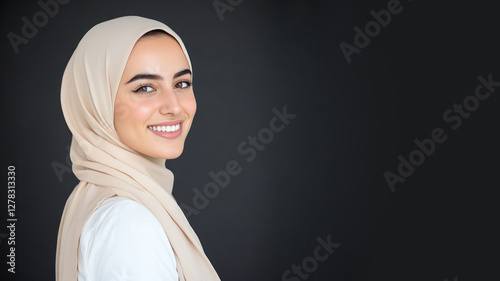 Arabian muslim woman wearing traditional abaya and hijab isolated on black background