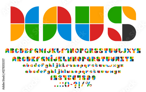Art deco font, geometric typeface, 80s 90s type, decorative English alphabet featuring colorful, abstract shapes in each letter number and punctuation sign. Vector bold and playful abc characters