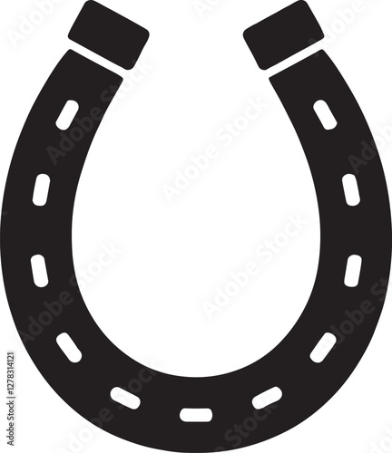 A black horseshoe icon on a white background, shaped in a classic "U" with rounded edges and small circular holes along its curve, symbolizing luck and protection in a simple, clean design.
