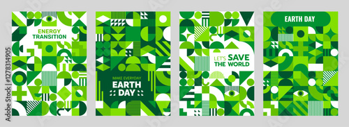 Earth day environment and ecology posters with green modern abstract geometric pattern. Green energy and clean environment leaflet vector page or poster with abstract minimalism pattern background