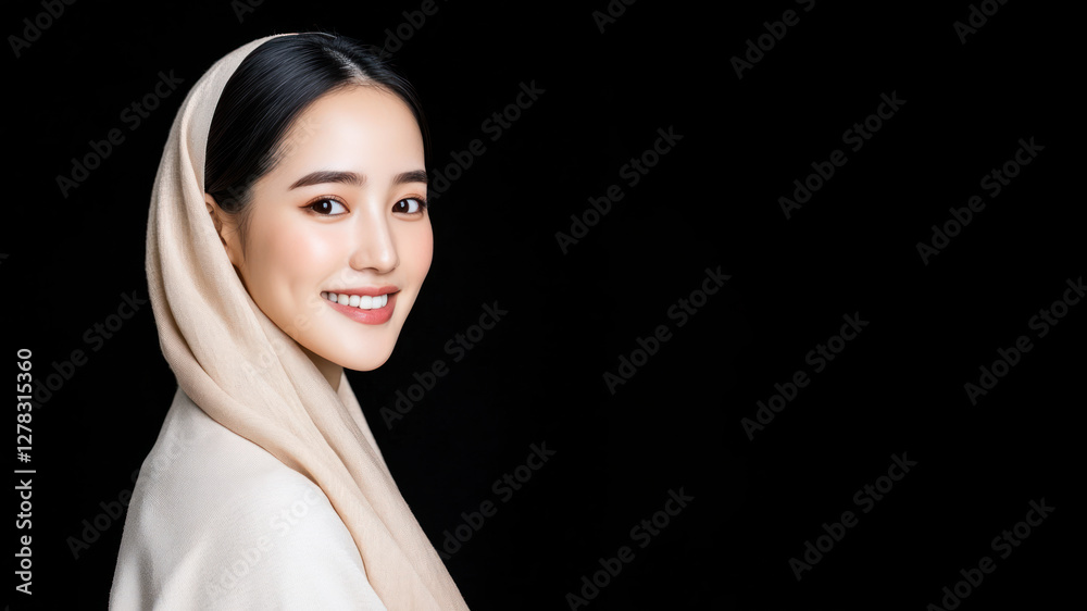 Korean woman wearing traditional abaya and hijab isolated on black background Korean woman wearing traditional abaya and hijab isolated on black background