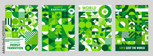 Earth and world environment day ecology posters with green modern geometric pattern.. Vector vertical backgrounds, covers, banners or card templates. Save the world and energy transitions awareness