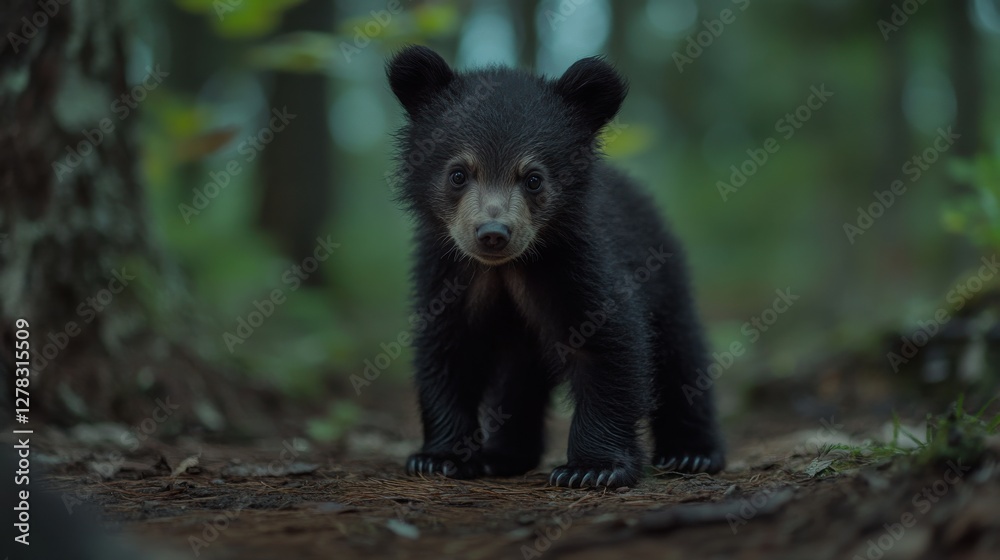 Cute Black Bear Cub Exploring a Forested Environment in Nature Cute Black Bear Cub Exploring a Forested Environment in Nature