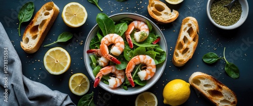 Delicious King Prawn Salad with Lemon and Toasted Baguette on a Dark Background Featuring Fresh Ingredients and Elegant Presentation