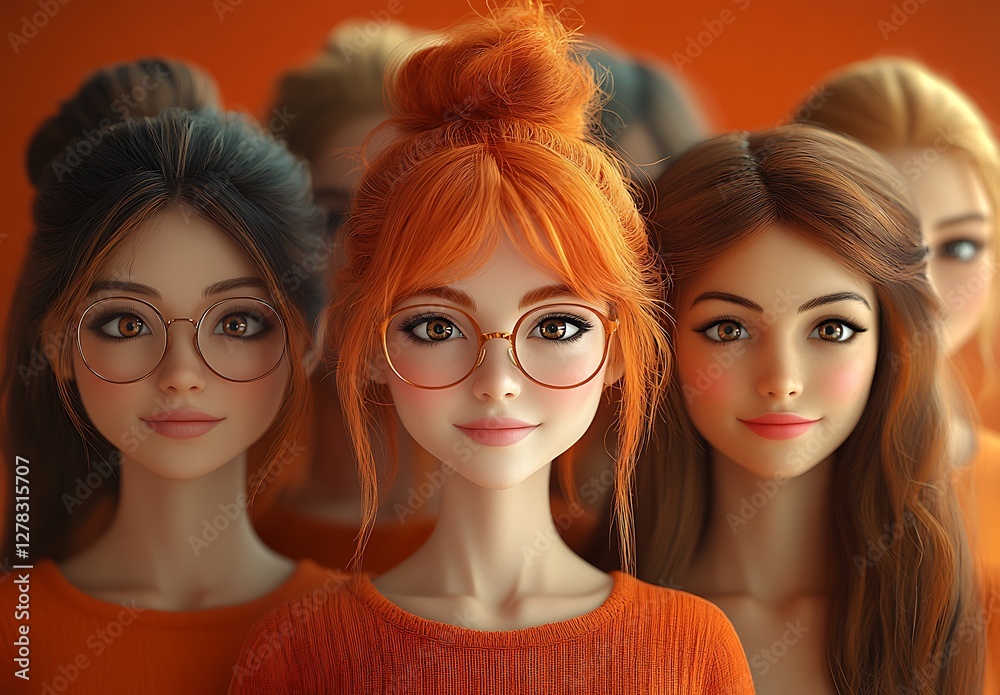 Obraz premium Women in Shades of Orange with Colorful Hair