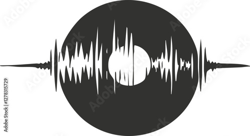 Abstract black and white audio waveform with vinyl record design.